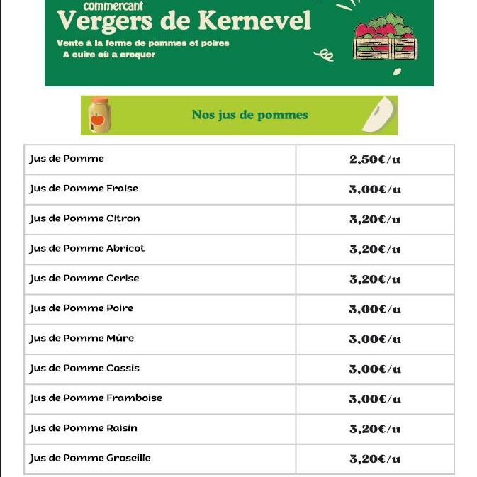 Prix des jus fabriqué par Les Vergers De Kernével 